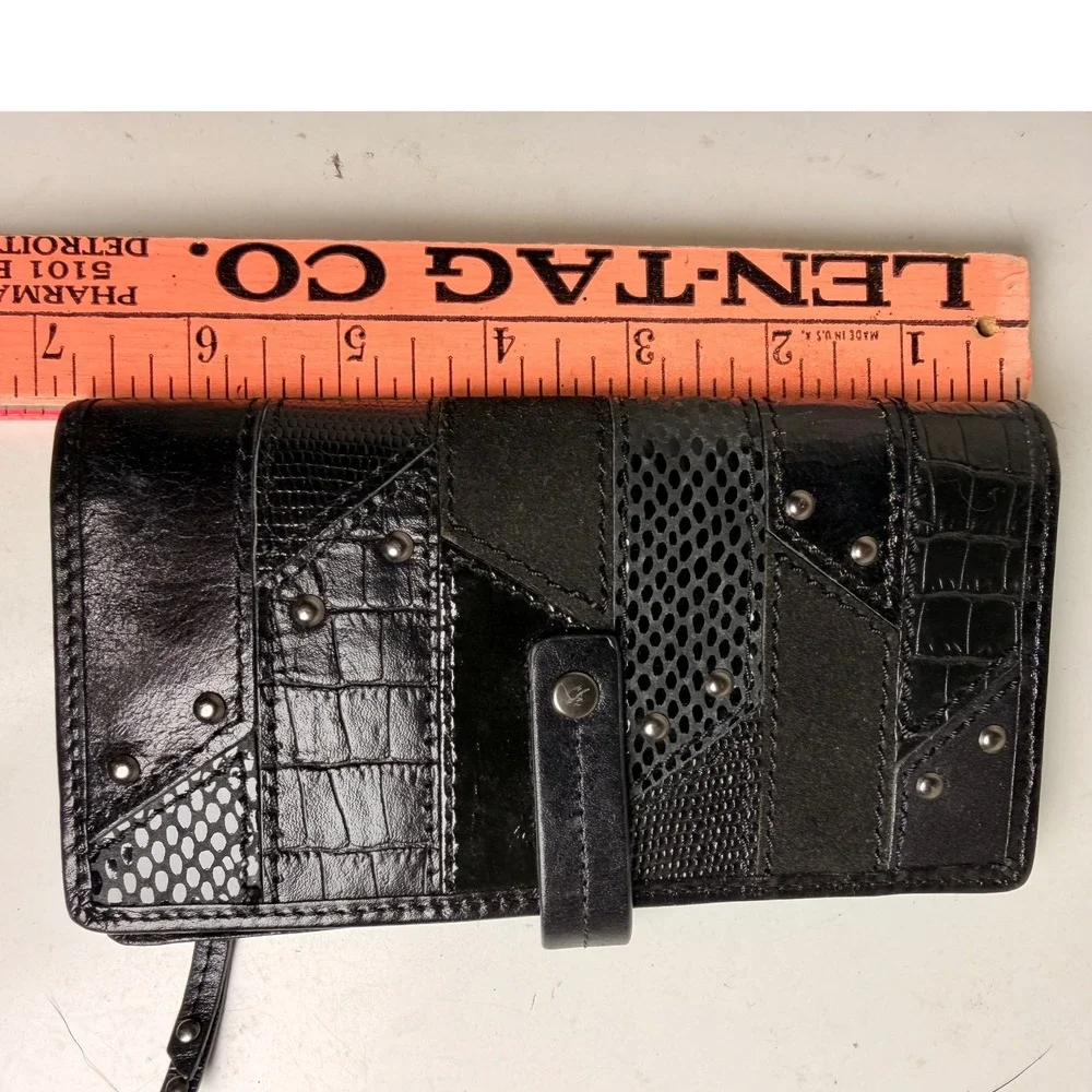 Fossil Patchwork Studded‎ Leather Wallet Clutch Black Snap Closure Zip Pocket